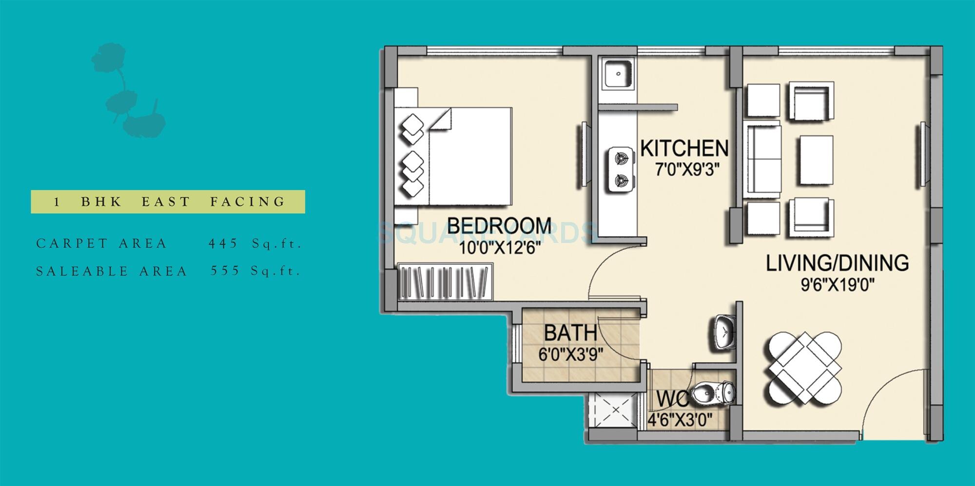 Floor plan of 1 BHK 555 Sq. Ft. Apartment in Brigade Altair Apartments, Bangalore
