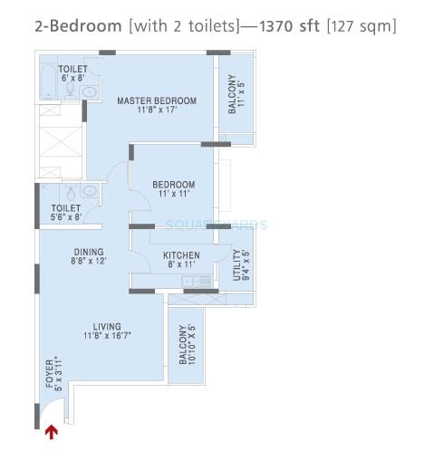 Floor plan of 2 BHK 1370 Sq. Ft. Apartment in Brigade Altair Apartments, Bangalore