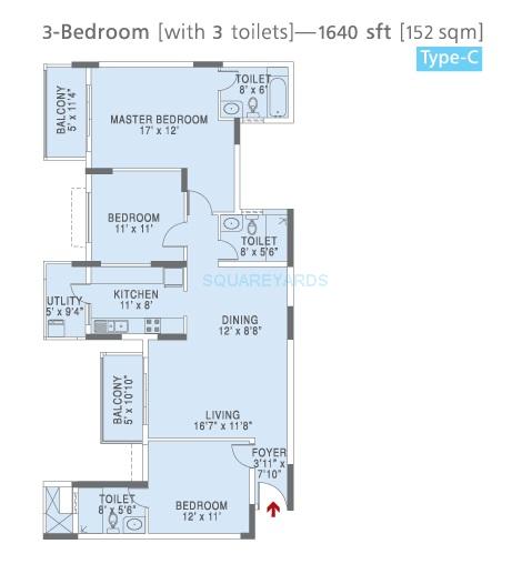 Floor plan of 3 BHK 1640 Sq. Ft. Apartment in Brigade Altair Apartments, Bangalore