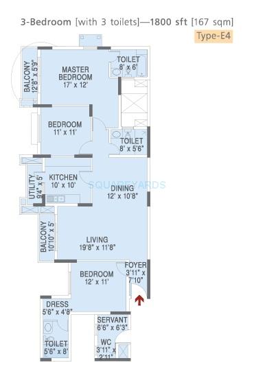 Floor plan of 3 BHK 1800 Sq. Ft. Apartment in Brigade Altair Apartments, Bangalore