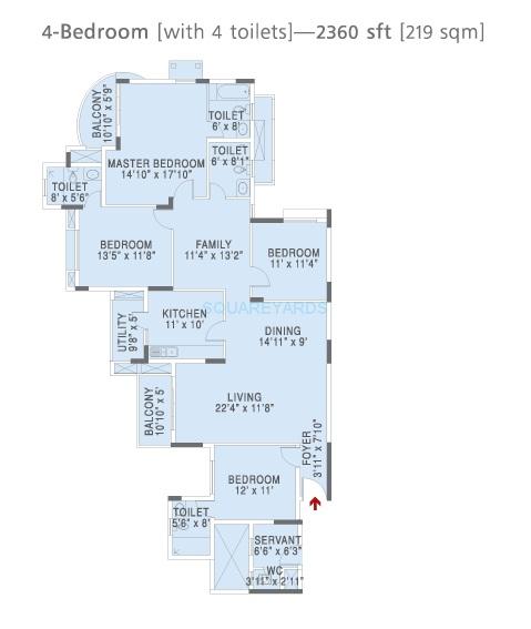 Floor plan of 4 BHK 2360 Sq. Ft. Apartment in Brigade Altair Apartments, Bangalore