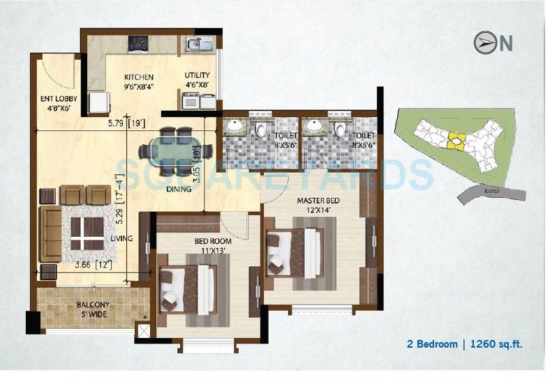 Floor plan of 2 BHK 1260 Sq. Ft. Apartment in Brigade Altamont, Bangalore