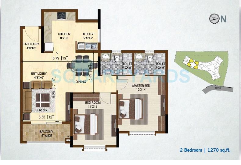 Floor plan of 2 BHK 1270 Sq. Ft. Apartment in Brigade Altamont, Bangalore