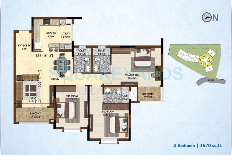 Floor plan of 3 BHK 1670 Sq. Ft. Apartment in Brigade Altamont, Bangalore