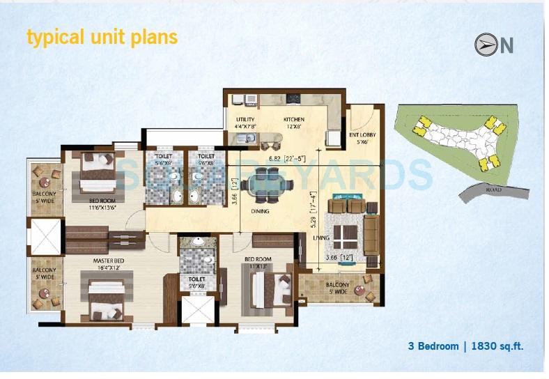 Floor plan of 3 BHK 1830 Sq. Ft. Apartment in Brigade Altamont, Bangalore