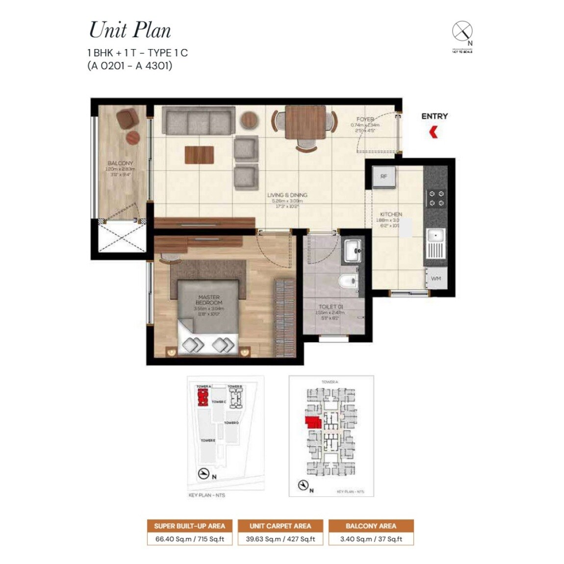 Floor plan of 1 BHK 715 Sq. Ft. Apartment in Brigade Belvedere, Bangalore