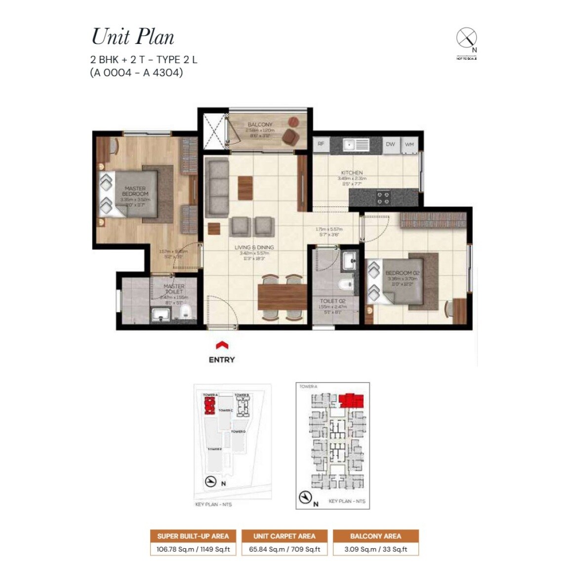 Floor plan of 2 BHK 1149 Sq. Ft. Apartment in Brigade Belvedere, Bangalore