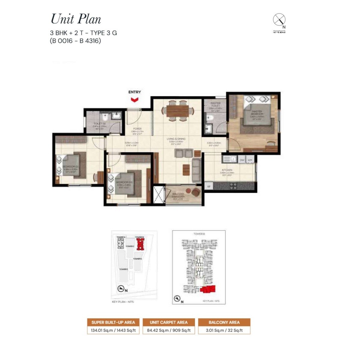 Floor plan of 3 BHK 1443 Sq. Ft. Apartment in Brigade Belvedere, Bangalore