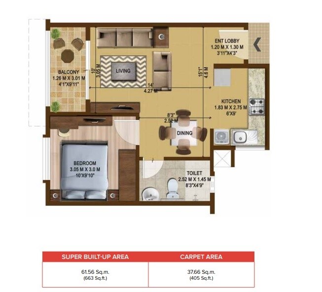 Floor plan of 1 BHK 663 Sq. Ft. Apartment in Brigade Bricklane, Bangalore