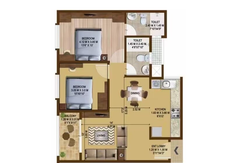 2 BHK 1100 Sq. Ft. Apartment