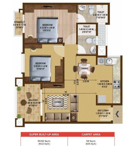 Floor plan of 2 BHK 1022 Sq. Ft. Apartment in Brigade Bricklane, Bangalore