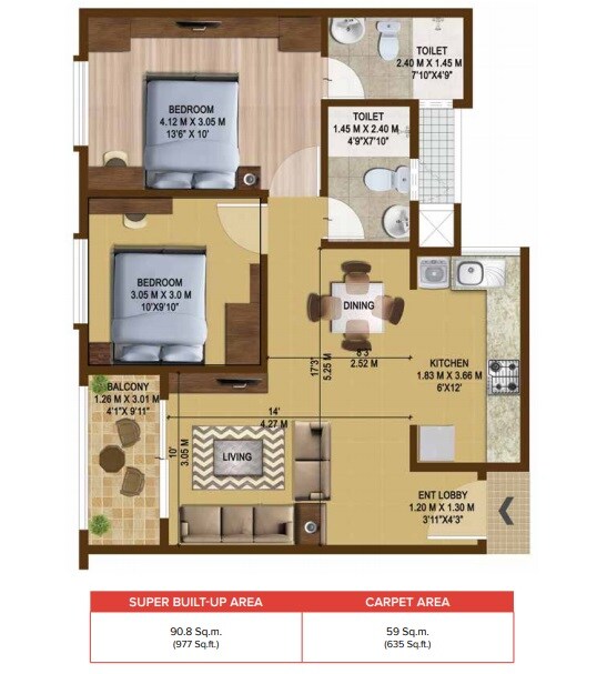 Floor plan of 2 BHK 977 Sq. Ft. Apartment in Brigade Bricklane, Bangalore