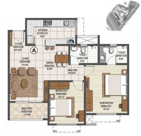 Floor plan of 2 BHK 1170 Sq. Ft. Apartment in Brigade Buena Vista, Bangalore