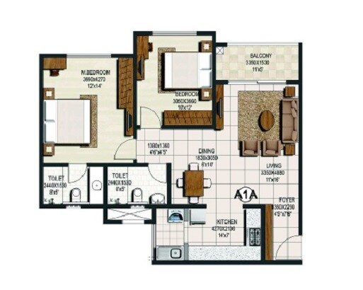 Floor plan of 2 BHK 1316 Sq. Ft. Apartment in Brigade Buena Vista, Bangalore