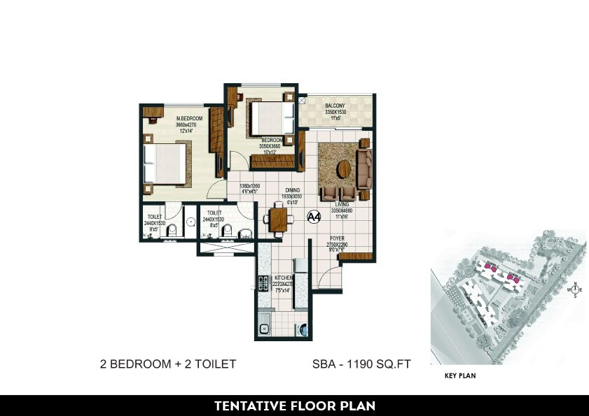Floor plan of 2 BHK 1190 Sq. Ft. Apartment in Brigade Buena Vista, Bangalore