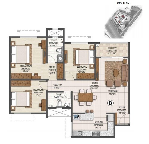 Floor plan of 3 BHK 1449 Sq. Ft. Apartment in Brigade Buena Vista, Bangalore