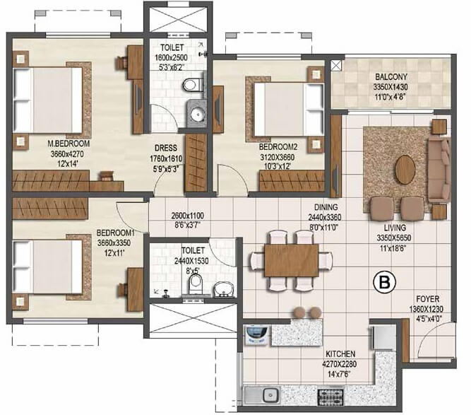 Floor plan of 3 BHK 1500 Sq. Ft. Apartment in Brigade Buena Vista, Bangalore