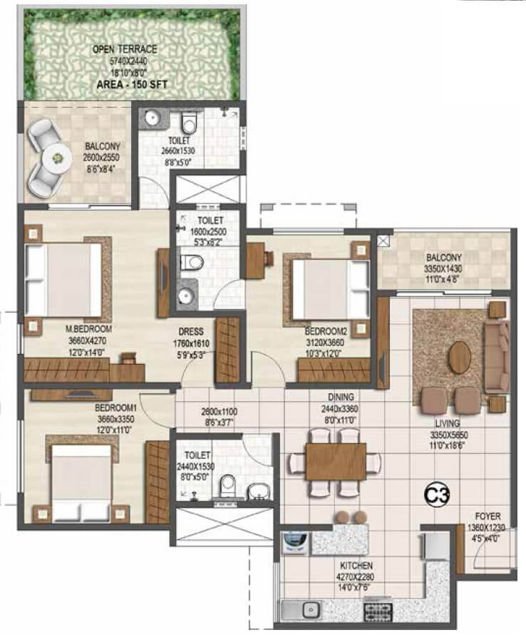 Floor plan of 3 BHK 1686 Sq. Ft. Apartment in Brigade Buena Vista, Bangalore