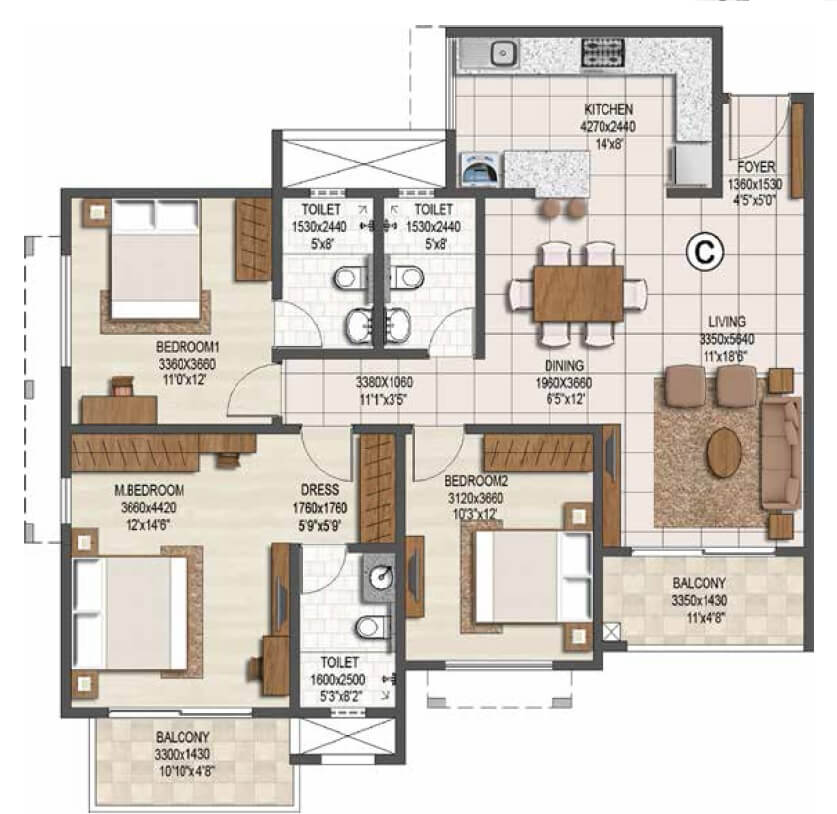 Floor plan of 3 BHK 1649 Sq. Ft. Apartment in Brigade Buena Vista, Bangalore