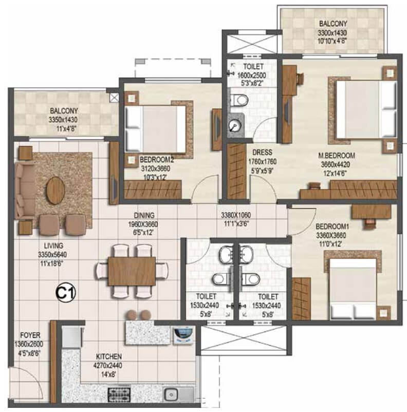 3 BHK 1670 Sq. Ft. Apartment