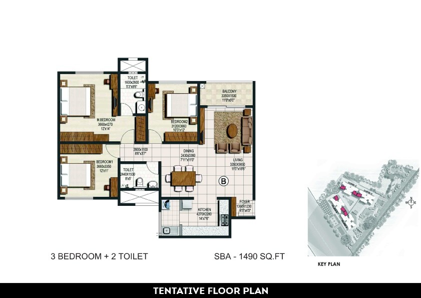 Floor plan of 3 BHK 1490 Sq. Ft. Apartment in Brigade Buena Vista, Bangalore