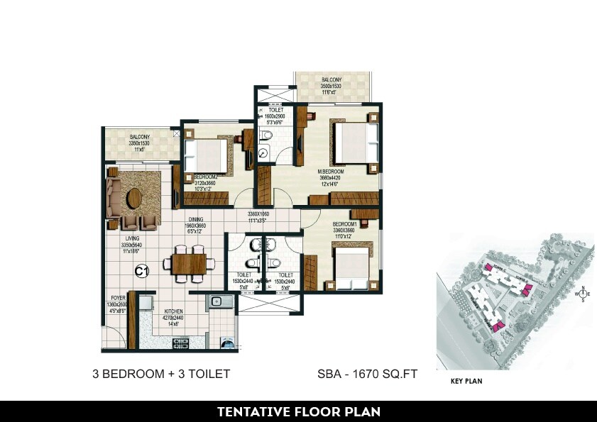 Floor plan of 3 BHK 1670 Sq. Ft. Apartment in Brigade Buena Vista, Bangalore