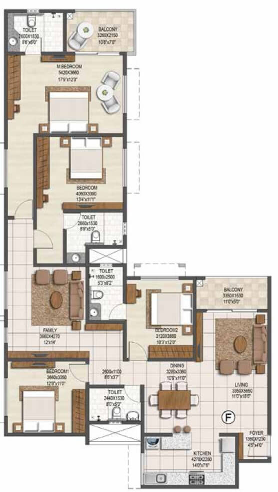 Floor plan of 4 BHK 2437 Sq. Ft. Apartment in Brigade Buena Vista, Bangalore