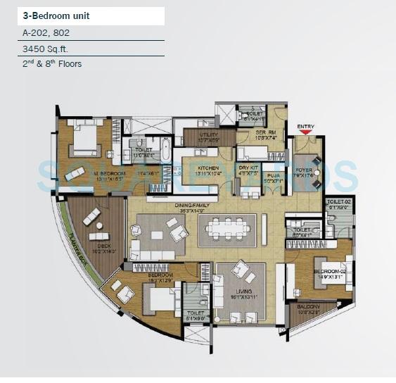 Floor plan of 3 BHK 3450 Sq. Ft. Apartment in Brigade Caladium, Bangalore