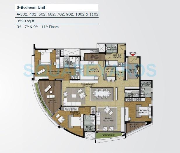 Floor plan of 3 BHK 3520 Sq. Ft. Apartment in Brigade Caladium, Bangalore