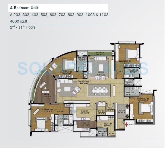 Floor plan of 4 BHK 4000 Sq. Ft. Apartment in Brigade Caladium, Bangalore