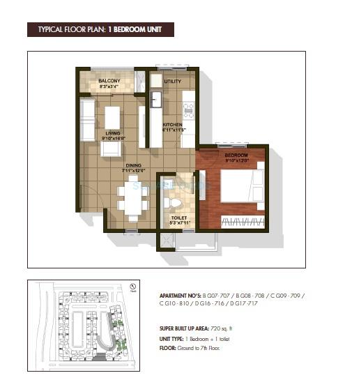Floor plan of 1 BHK 720 Sq. Ft. Apartment in Brigade Cedar, Bangalore