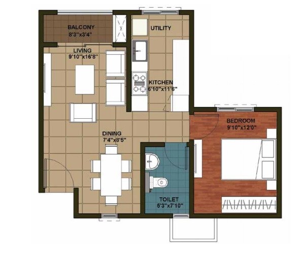 Floor plan of 1 BHK 730 Sq. Ft. Apartment in Brigade Cedar, Bangalore