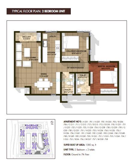 Floor plan of 2 BHK 1080 Sq. Ft. Apartment in Brigade Cedar, Bangalore