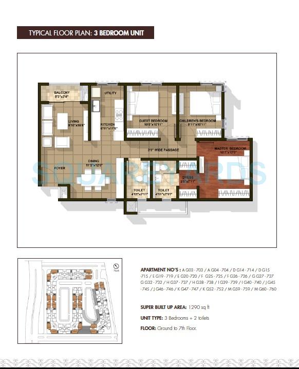 Floor plan of 3 BHK 1290 Sq. Ft. Apartment in Brigade Cedar, Bangalore