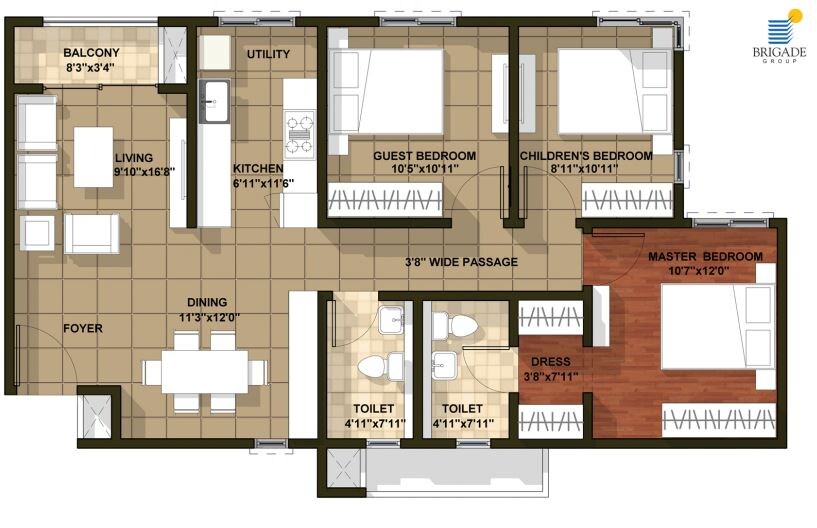 Floor plan of 3 BHK 1300 Sq. Ft. Apartment in Brigade Cedar, Bangalore