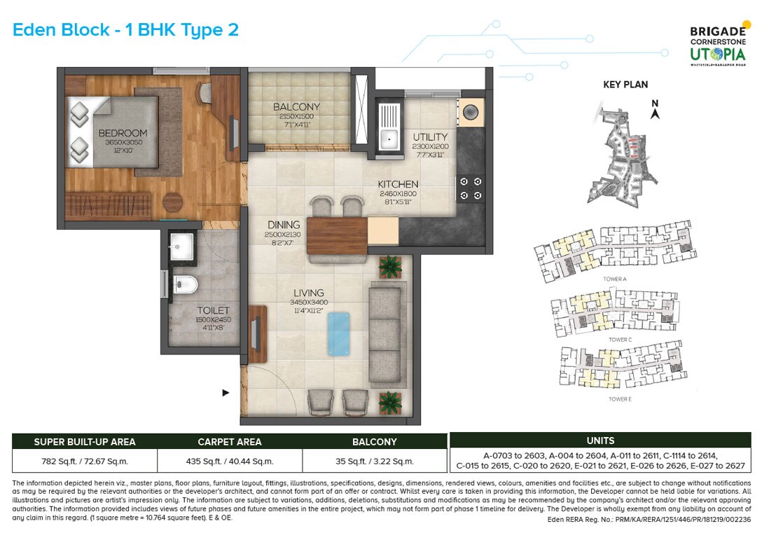 Floor plan of 1 BHK 782 Sq. Ft. Apartment in Brigade Cornerstone Utopia Eden, Bangalore