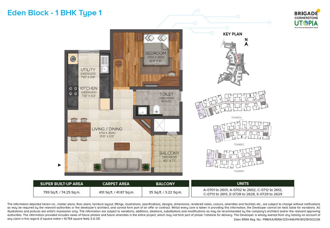 Floor plan of 1 BHK 799 Sq. Ft. Apartment in Brigade Cornerstone Utopia Eden, Bangalore