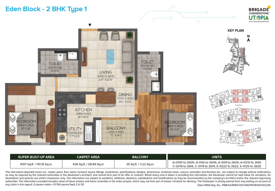 Floor plan of 2 BHK 1097 Sq. Ft. Apartment in Brigade Cornerstone Utopia Eden, Bangalore