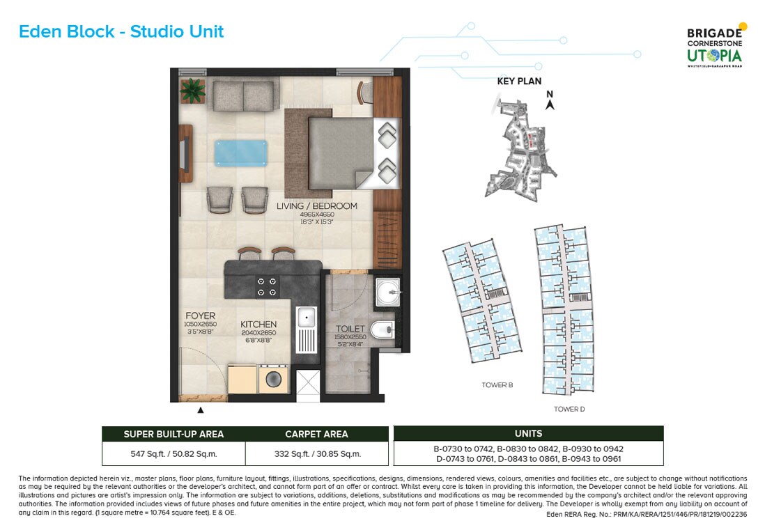 Floor plan of 547 Sq. Ft. Studio in Brigade Cornerstone Utopia Eden, Bangalore