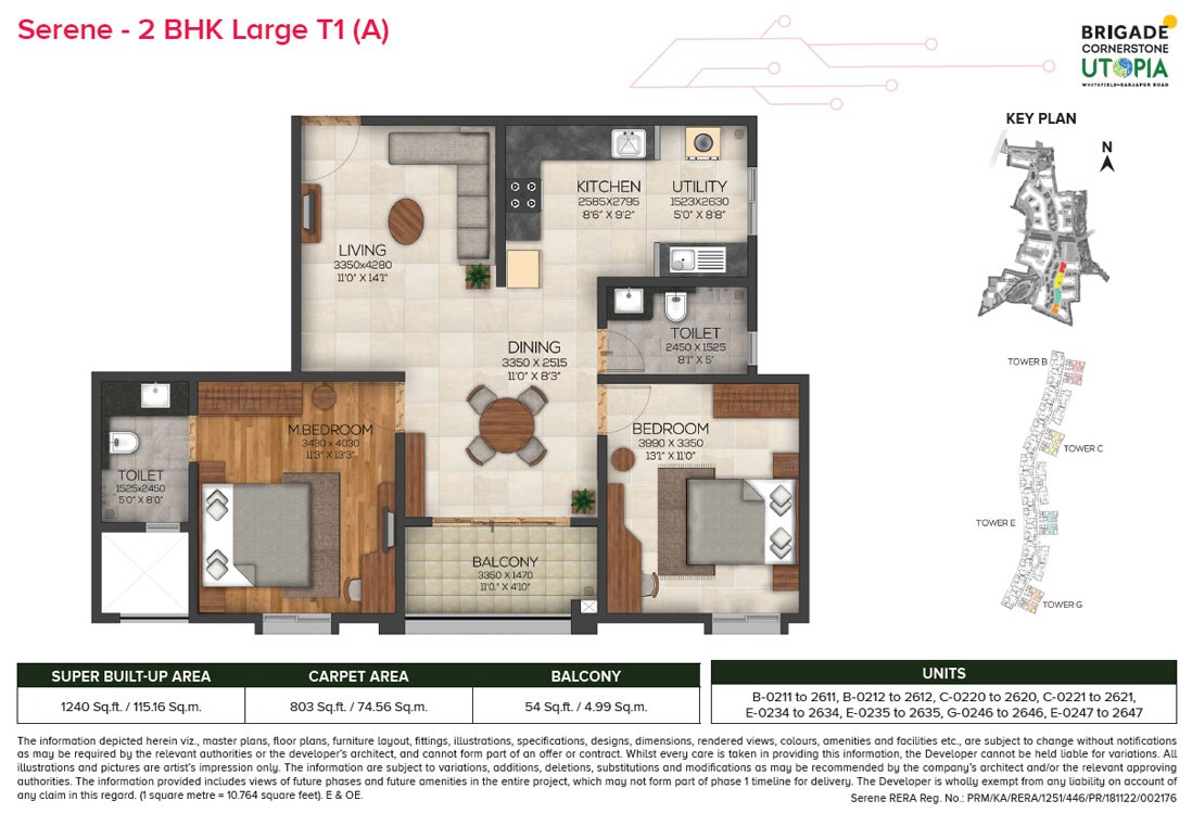 Floor plan of 2 BHK 1240 Sq. Ft. Apartment in Brigade Cornerstone Utopia Serene, Bangalore