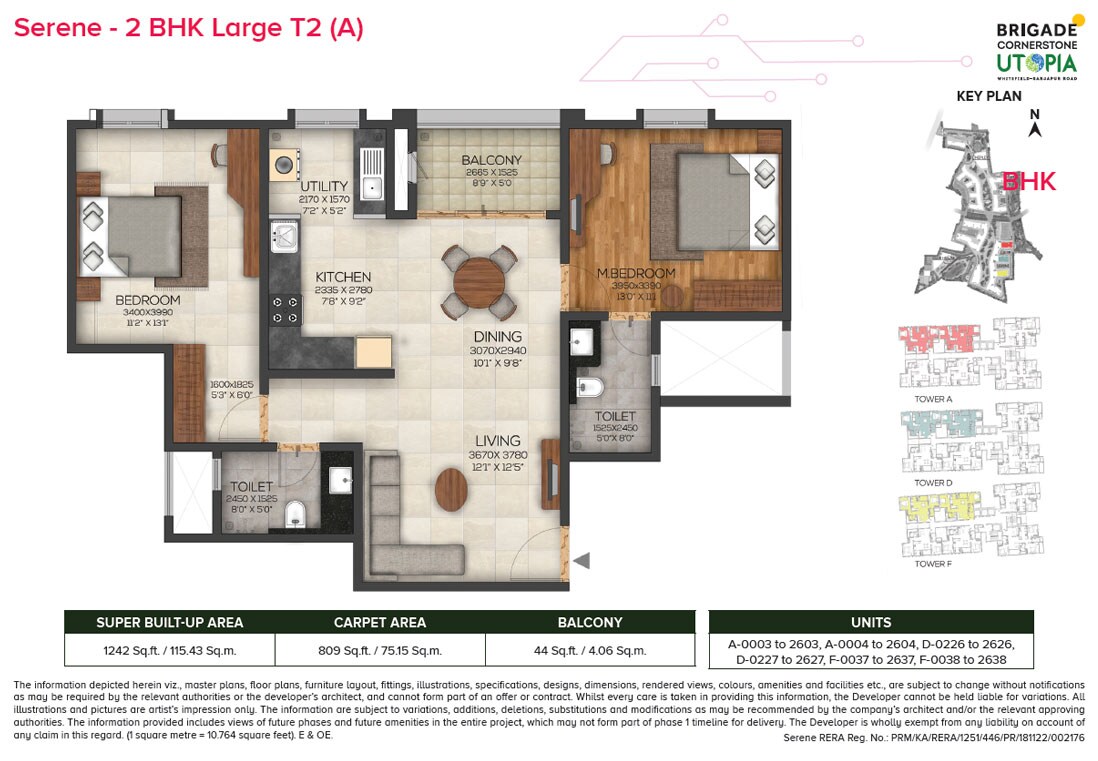 Floor plan of 2 BHK 1242 Sq. Ft. Apartment in Brigade Cornerstone Utopia Serene, Bangalore