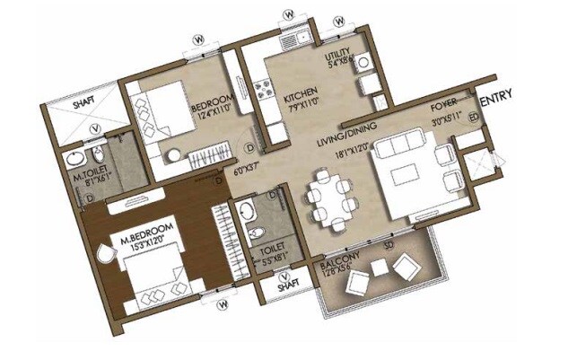 Floor plan of 2 BHK 1270 Sq. Ft. Apartment in Brigade Cosmopolis, Bangalore