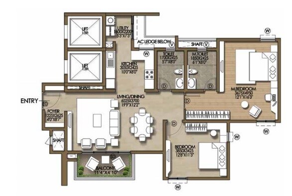Floor plan of 2 BHK 1340 Sq. Ft. Apartment in Brigade Cosmopolis, Bangalore
