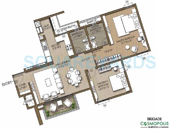 Floor plan of 2 BHK 1370 Sq. Ft. Apartment in Brigade Cosmopolis, Bangalore