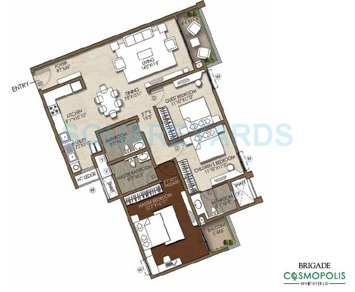 Floor plan of 3 BHK 1720 Sq. Ft. Apartment in Brigade Cosmopolis, Bangalore