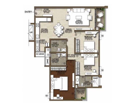 Floor plan of 3 BHK 1740 Sq. Ft. Apartment in Brigade Cosmopolis, Bangalore