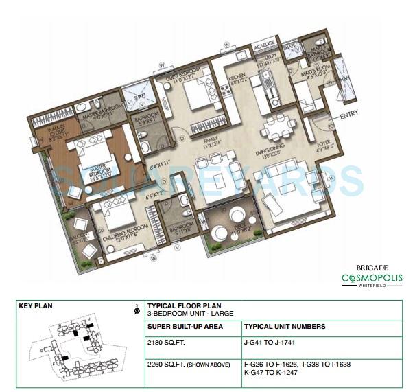 Floor plan of 3 BHK 2260 Sq. Ft. Apartment in Brigade Cosmopolis, Bangalore