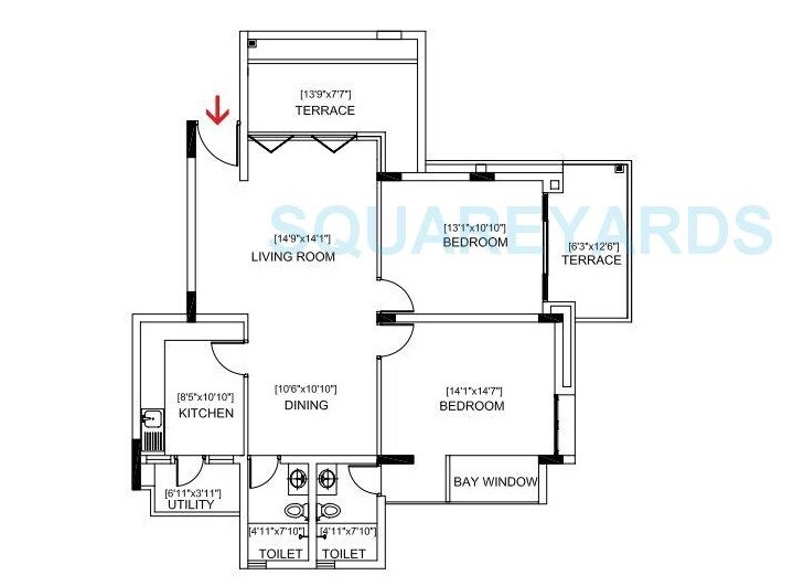 Floor plan of 2 BHK 1220 Sq. Ft. Apartment in Brigade Courtyard, Bangalore
