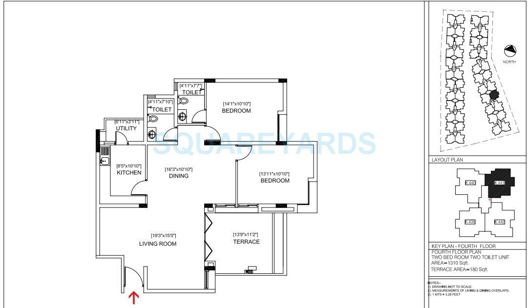 Floor plan of 2 BHK 1310 Sq. Ft. Apartment in Brigade Courtyard, Bangalore