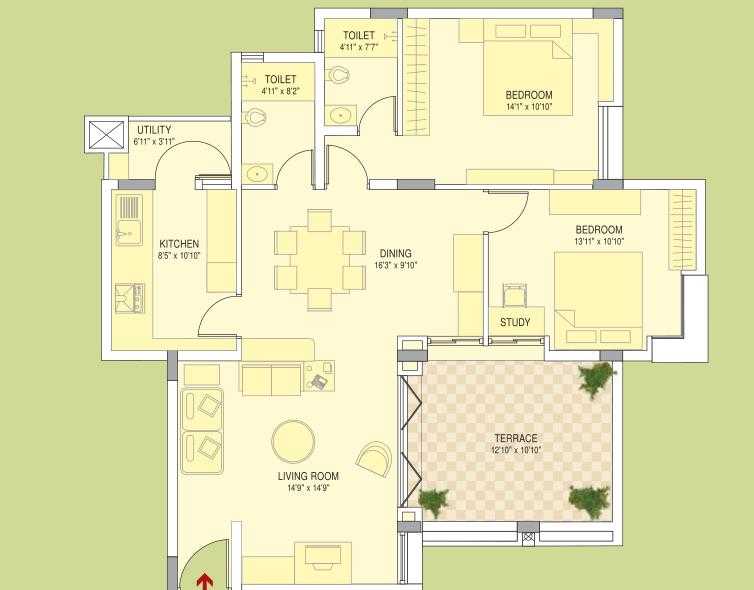 Floor plan of 2 BHK 1490 Sq. Ft. Apartment in Brigade Courtyard, Bangalore